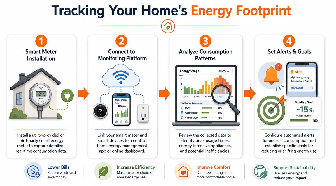 An infographic detailing four steps to track home energy consumption for lower bills and sustainability.
