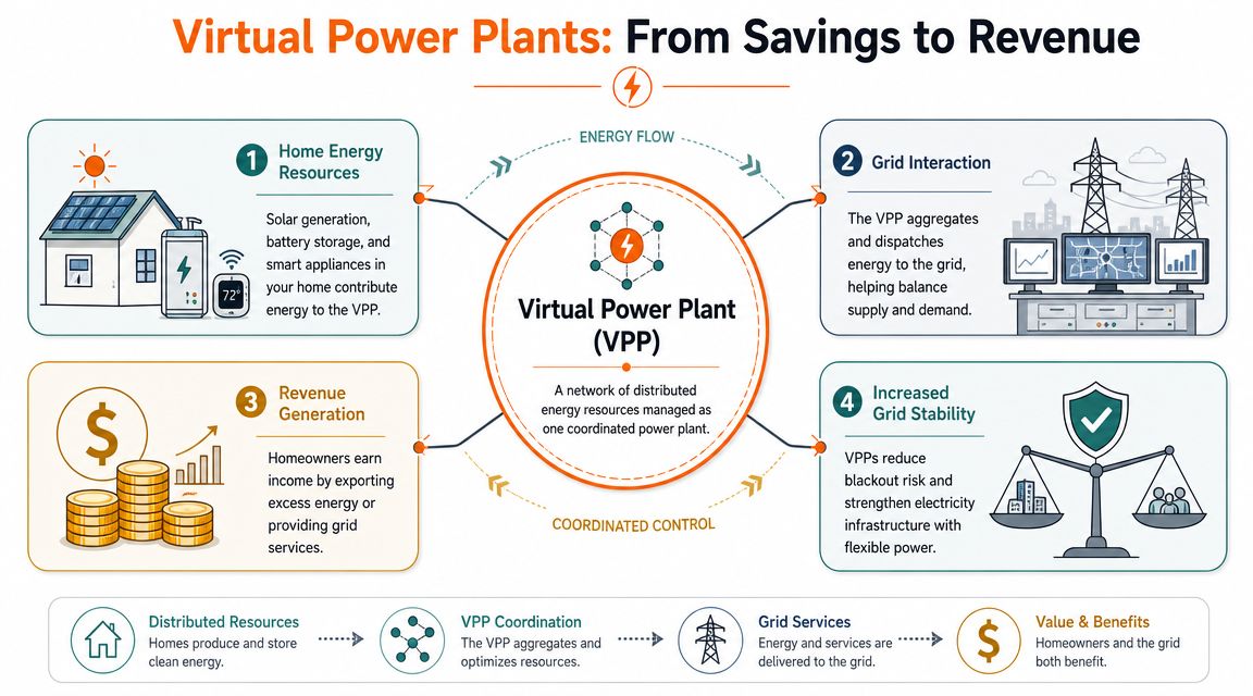 A diagram illustrating how a virtual power plant connects smart home energy resources to stabilize the grid.