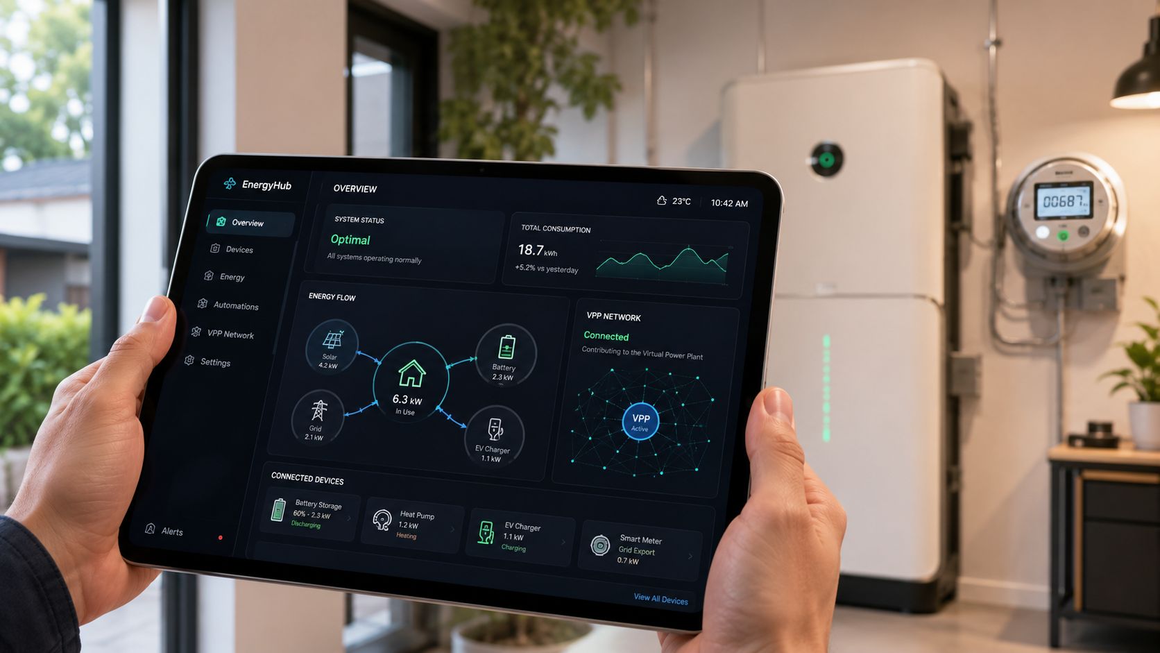 A person holding a tablet displaying a smart home energy management interface with system status and metrics.