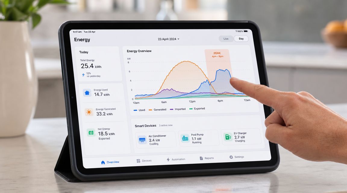 A digital tablet displaying a smart home energy dashboard showing consumption and solar generation metrics.