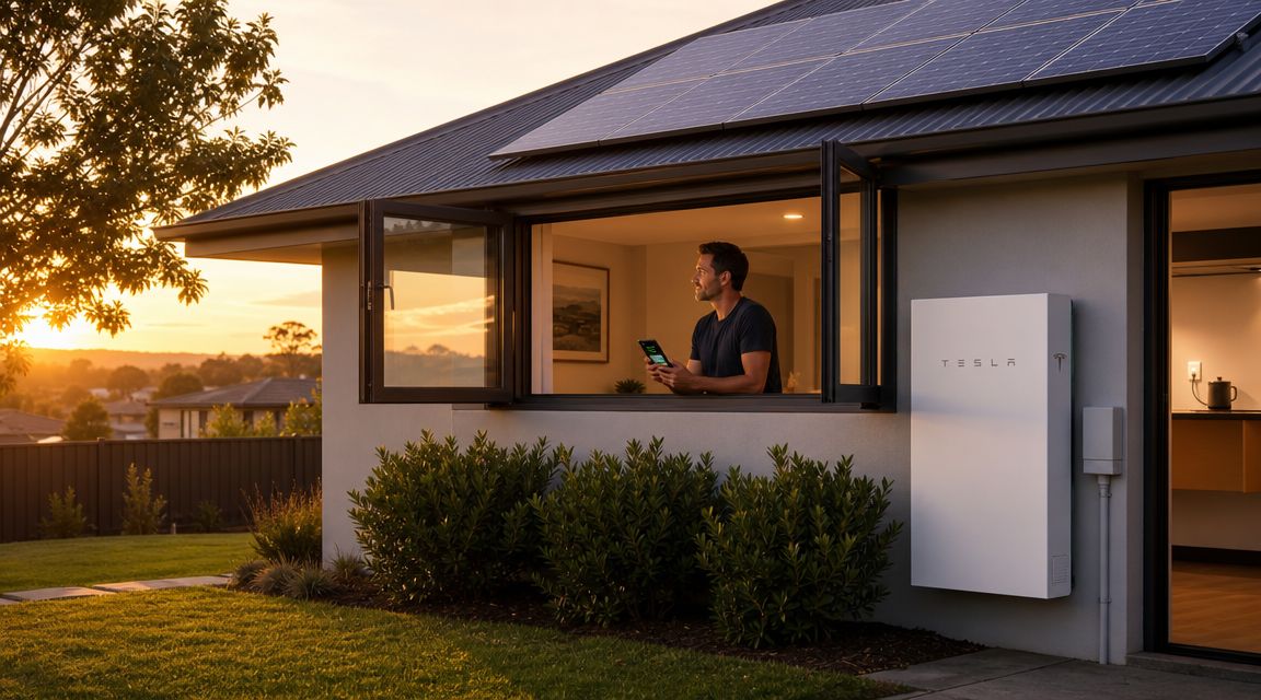 A man using a tablet to monitor solar energy savings inside a modern smart home at sunset.