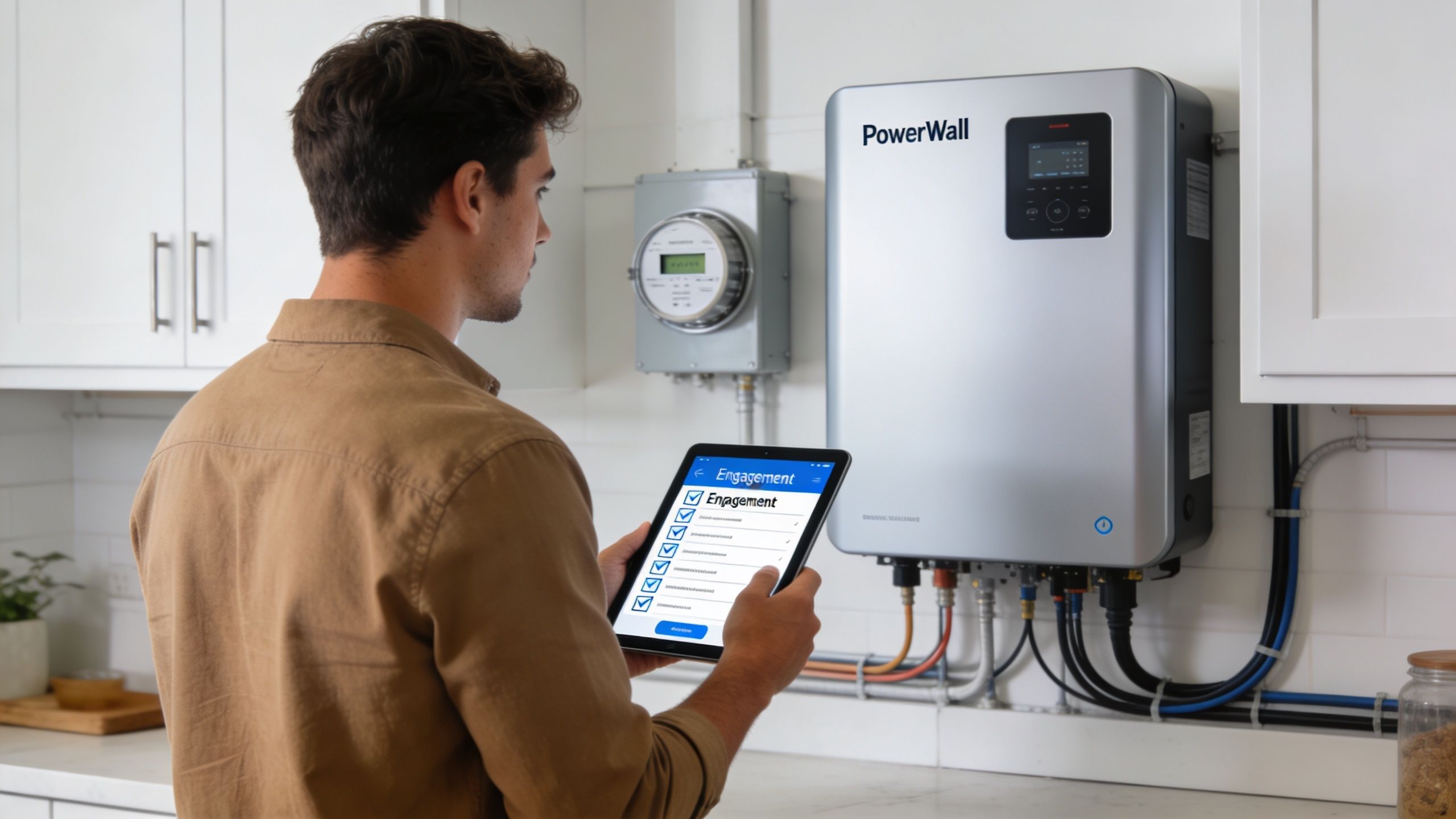 A man using a tablet to monitor a home solar power wall system and smart meter.