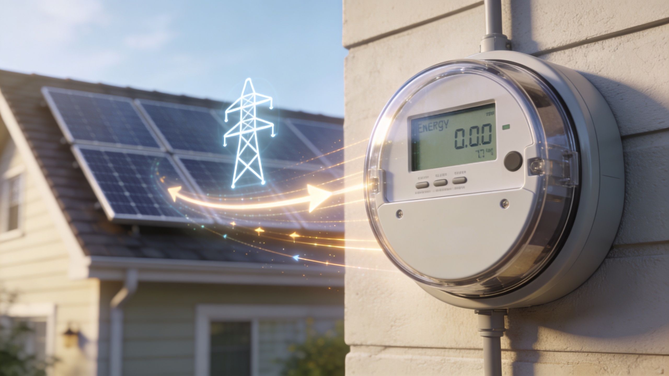 A smart electricity meter mounted on a wall with glowing digital graphics indicating solar energy flow.