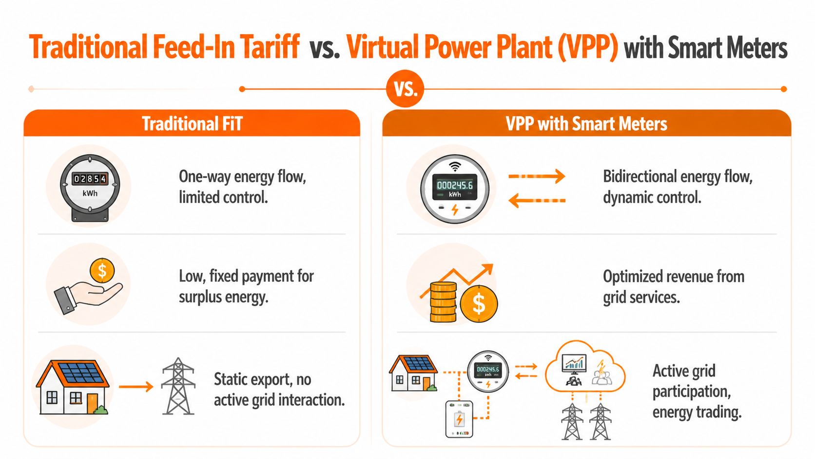 A comparison chart showing differences between a traditional feed-in tariff system and a virtual power plant model.