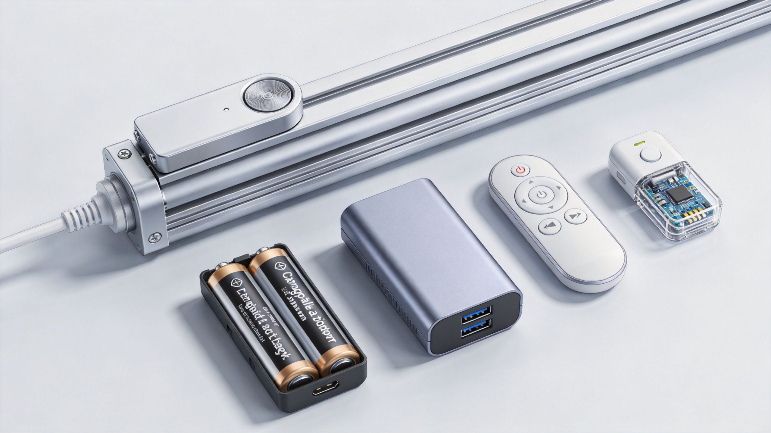 A linear actuator motor with its associated remote controller, battery pack, and control module on a gray background.