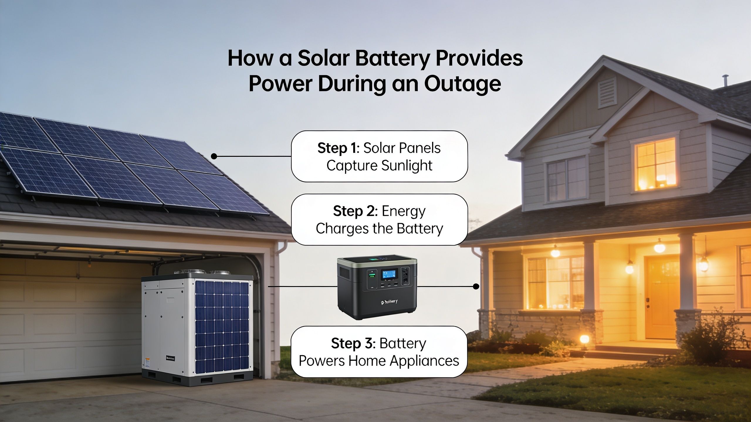 A diagram illustrating how a solar battery system powers a home during a power outage
