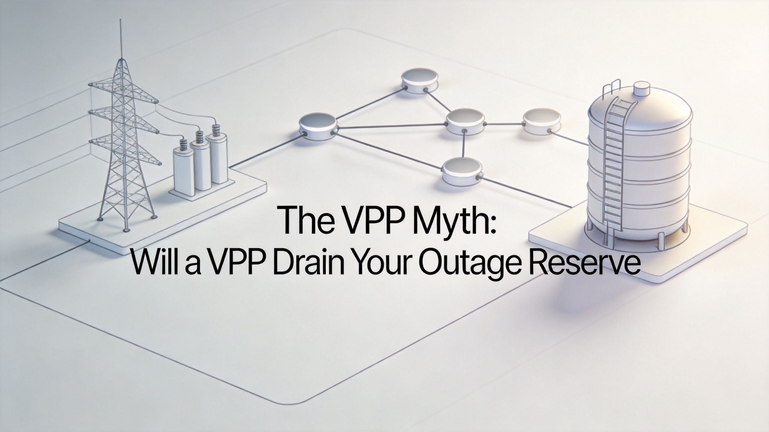 A conceptual diagram showing a power grid and energy storage tank, discussing virtual power plant myths.