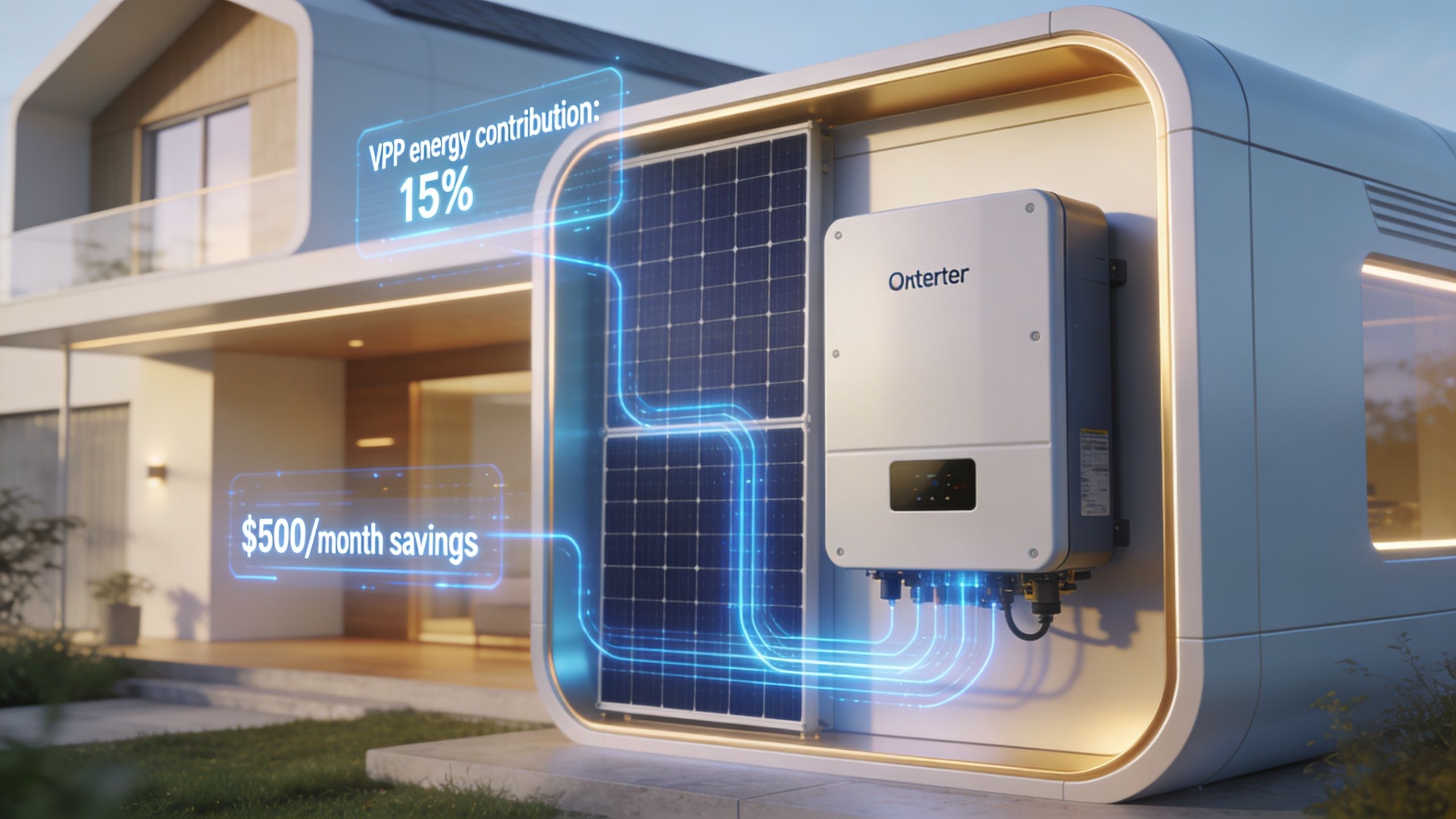 A modern solar inverter unit installed outside a contemporary house, displaying energy savings and performance metrics.