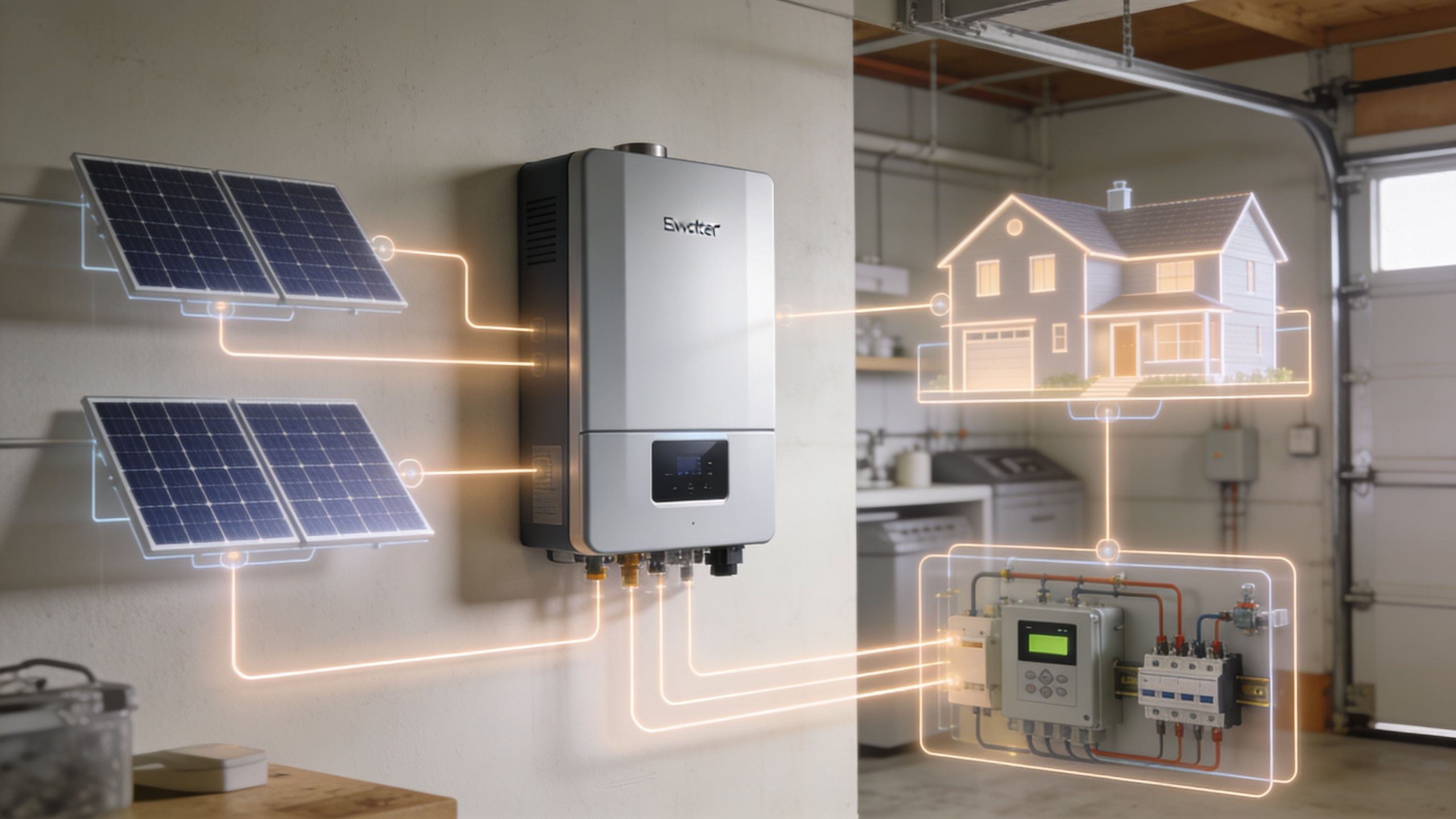A modern solar inverter installed on a garage wall, connected to solar panels, a house, and control systems.