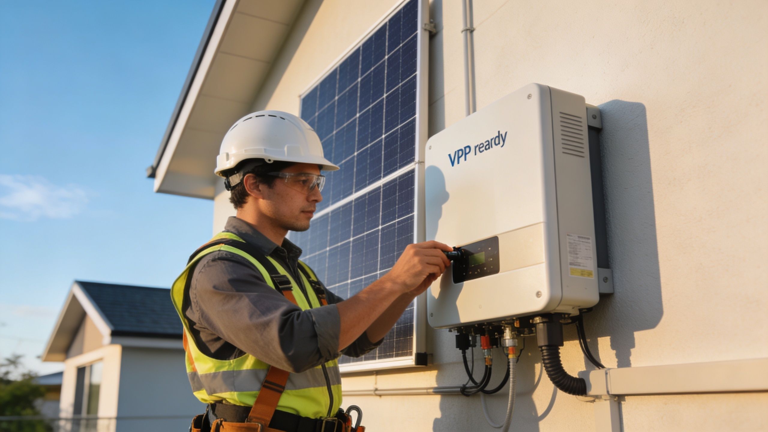 A professional technician wearing a hard hat and high-visibility vest installs a residential solar power inverter.