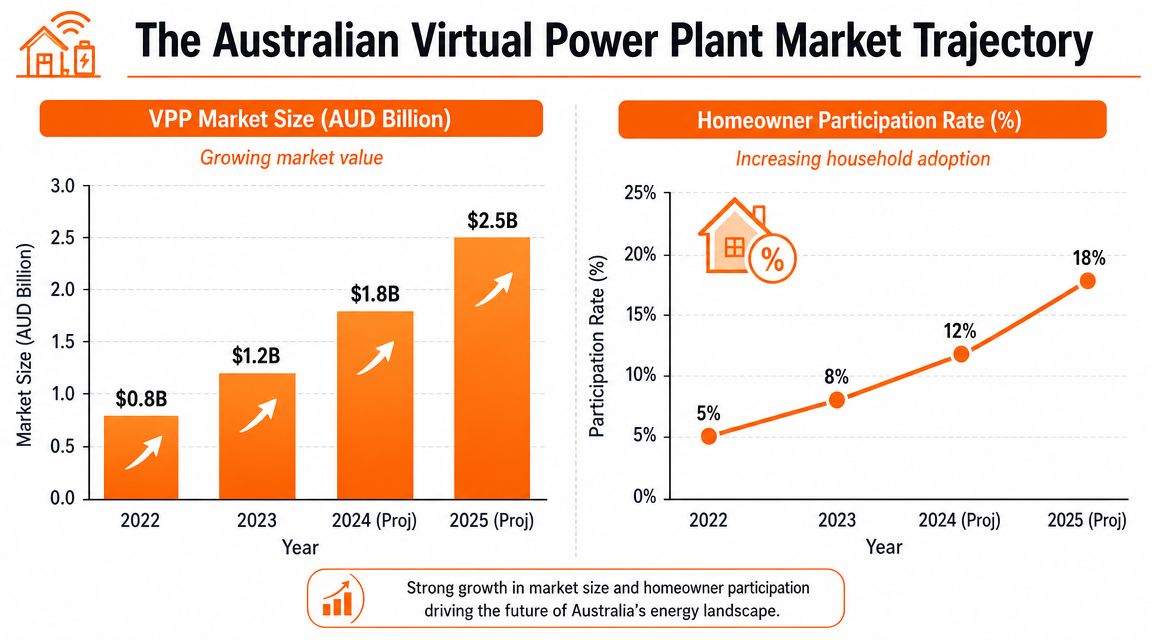 A chart showing the Australian virtual power plant market size growth and homeowner participation rates until 2025.