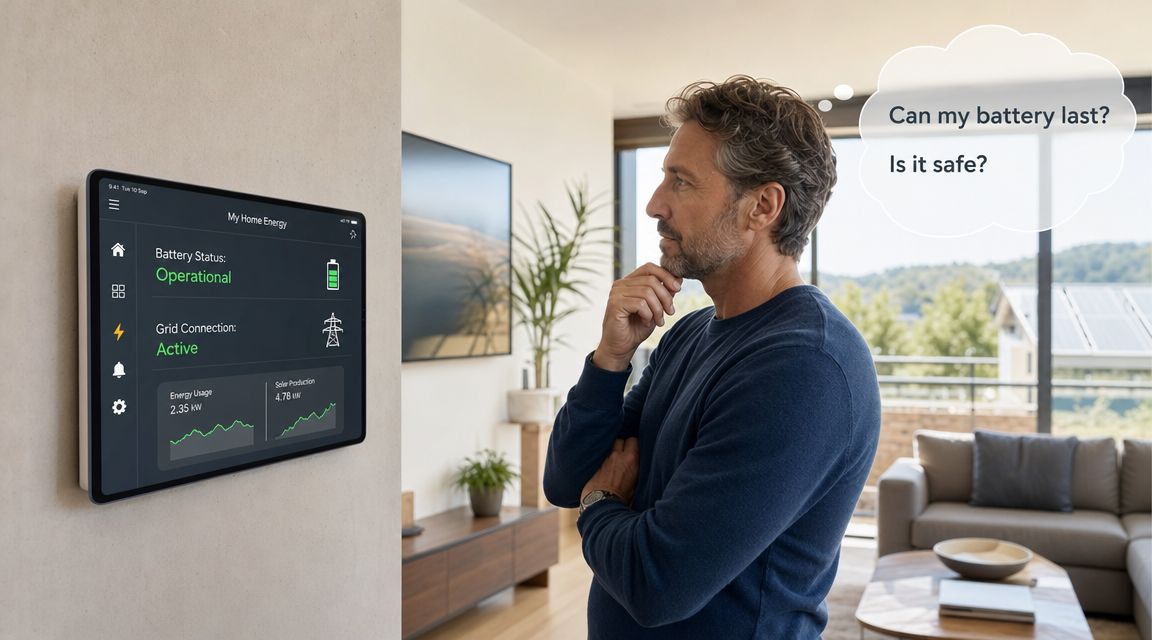 A man looking at a home energy management display screen while pondering battery safety and longevity concerns.