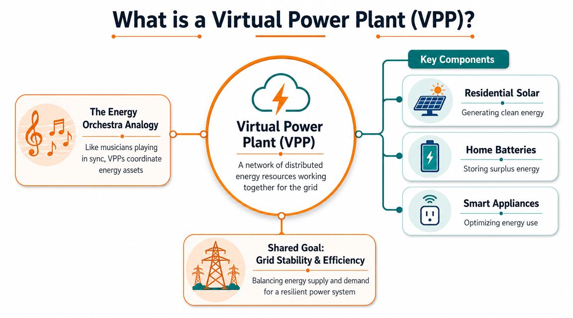 An infographic titled What is a Virtual Power Plant explaining components like solar, batteries, and smart appliances.
