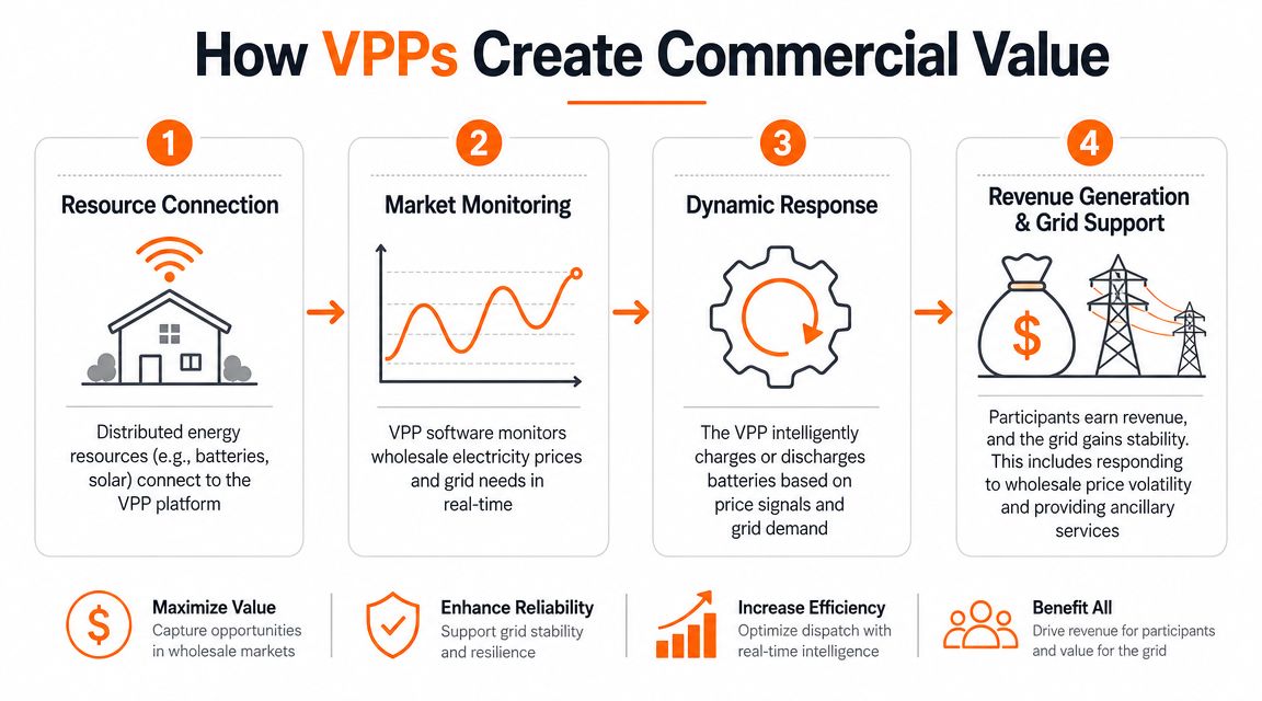 A four-step infographic illustrating how virtual power plants create commercial value through resource management and grid support.