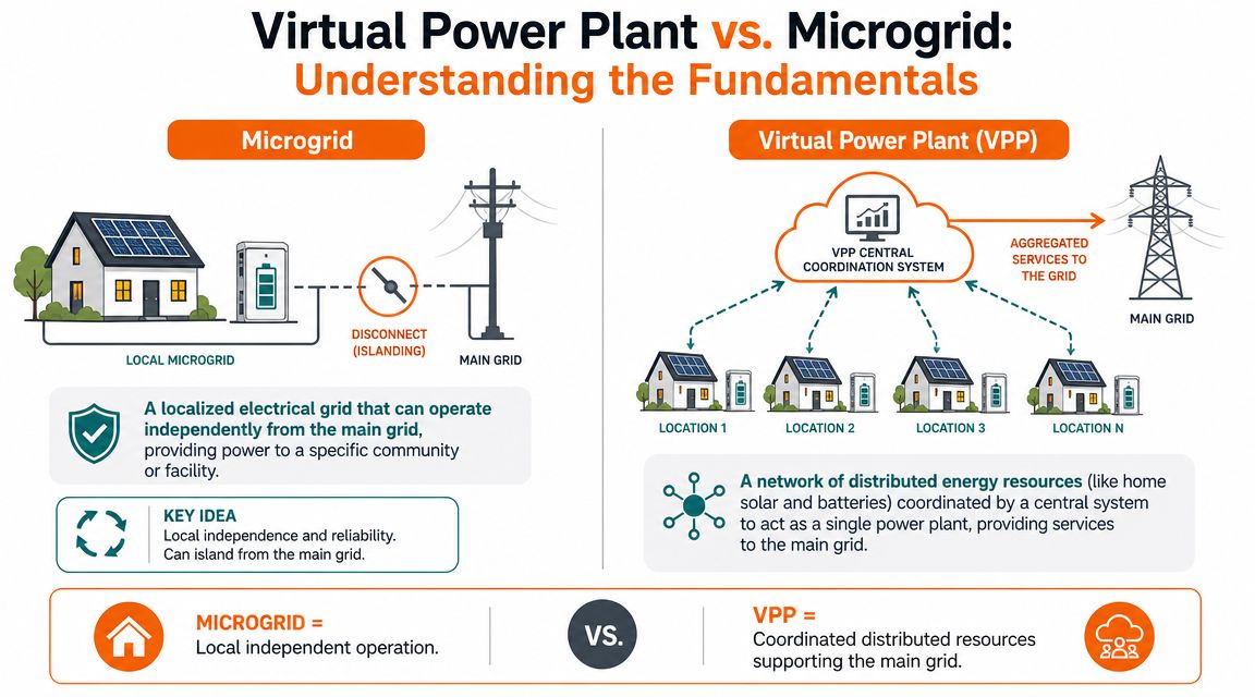 An infographic comparing a microgrid that operates independently and a virtual power plant coordinating energy resources.