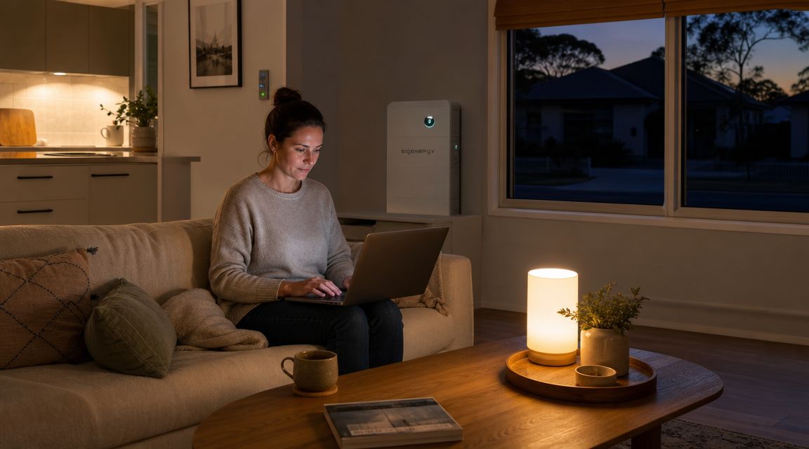 A woman working on a laptop at night in a modern living room with home energy storage.