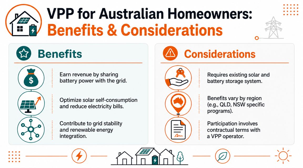 An infographic titled VPP for Australian Homeowners outlining key benefits and considerations for virtual power plant participation.