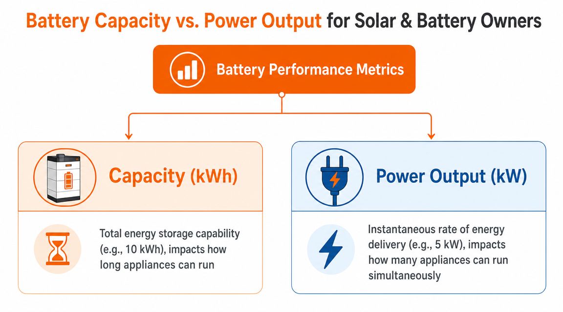 An infographic comparing battery capacity in kWh and power output in kW for solar energy storage systems.