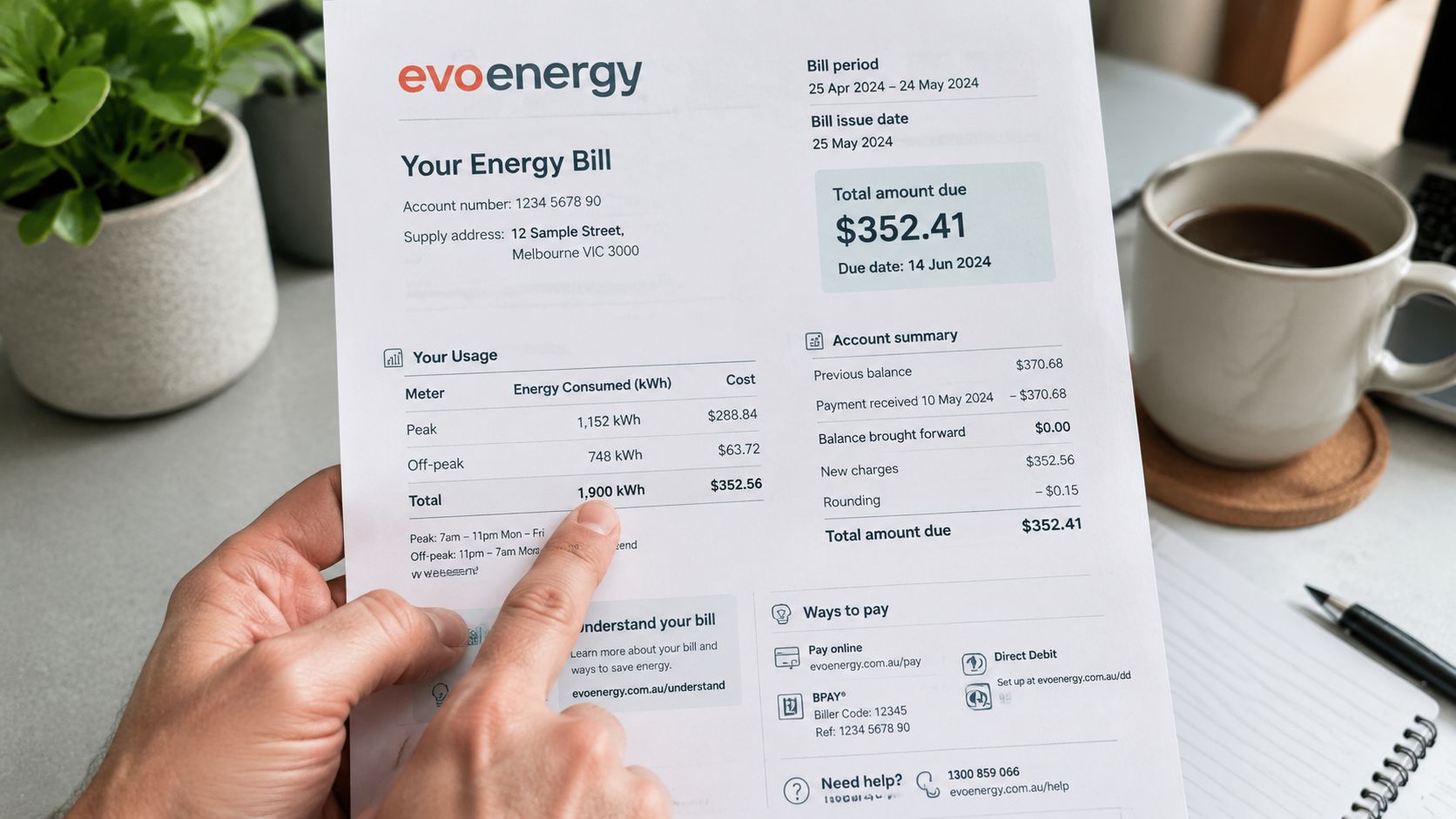 A person pointing to an energy bill from EvoEnergy showing electricity usage and account summary details.