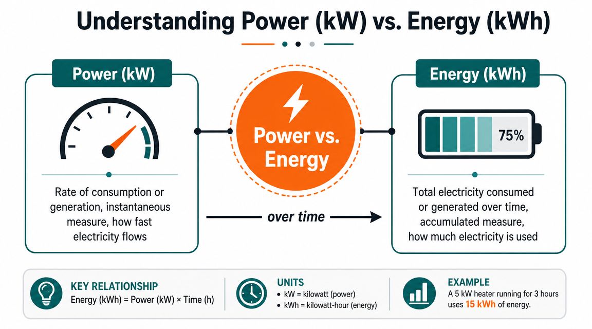 An infographic explaining the difference between power in kW and energy in kWh with examples.