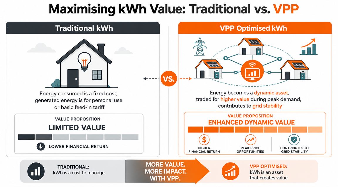 A comparison infographic showing traditional electricity consumption versus value-added Virtual Power Plant energy management systems.