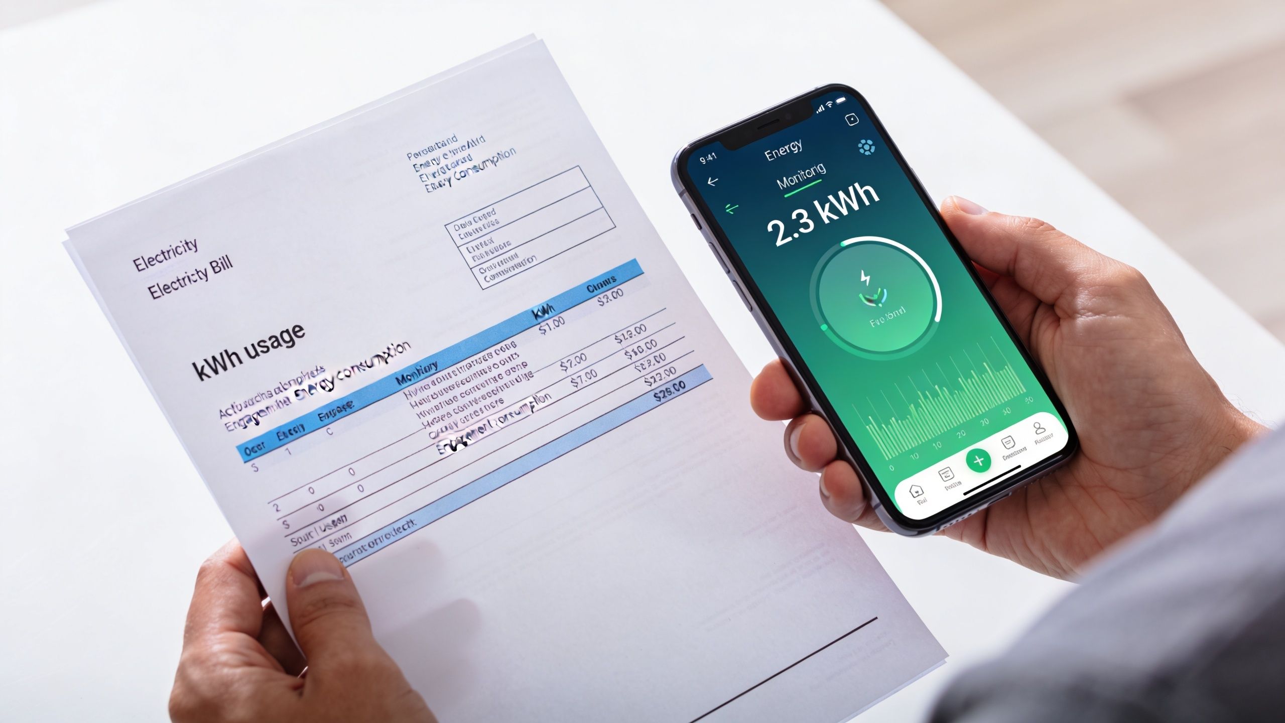 A person holding a smartphone showing energy monitoring data next to a paper electricity bill.
