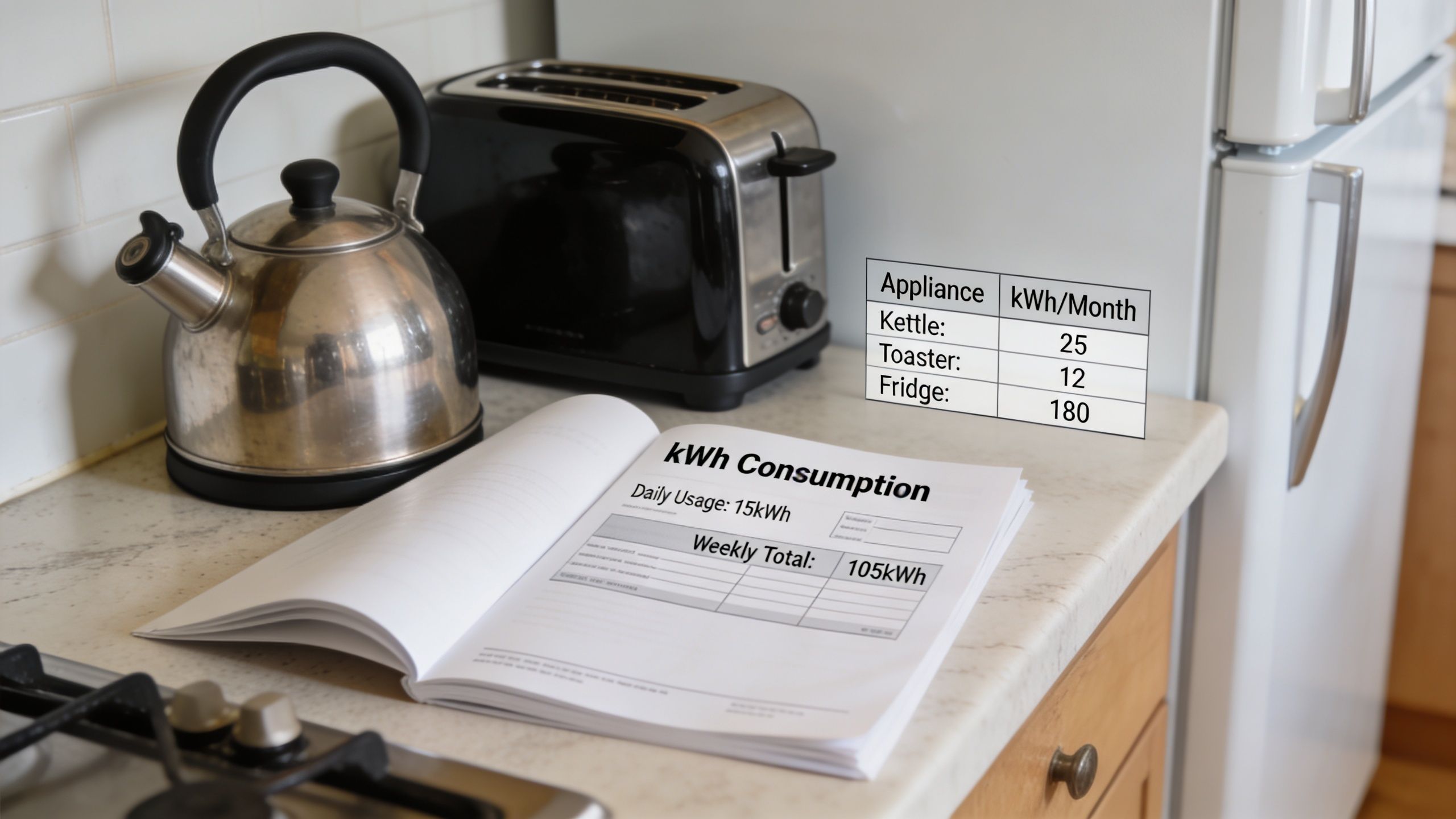 A kitchen counter with a kettle, toaster, and an open notebook displaying electricity consumption data in kWh.