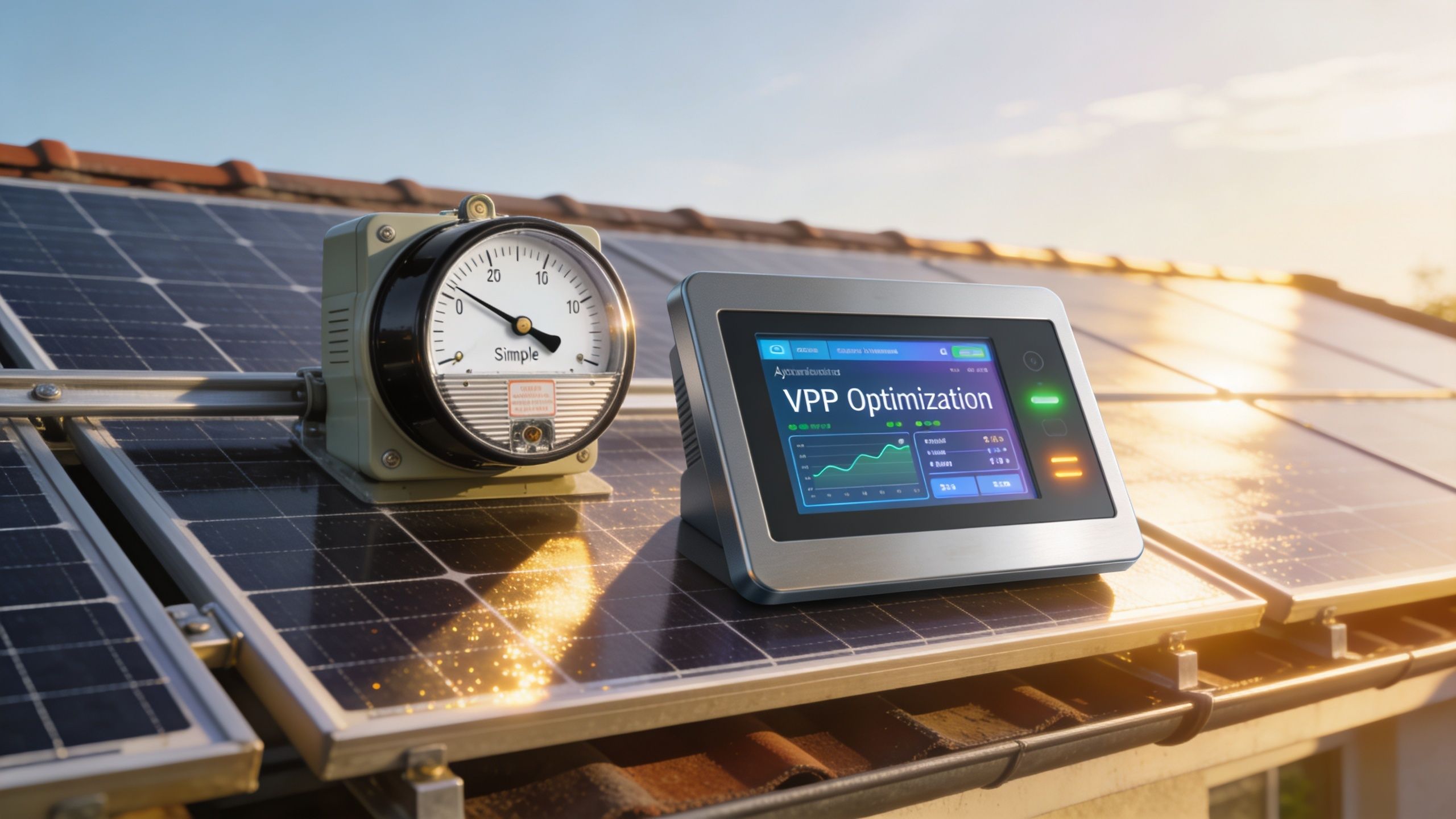 A digital screen displaying VPP optimization metrics next to a vintage gauge meter on solar panels.