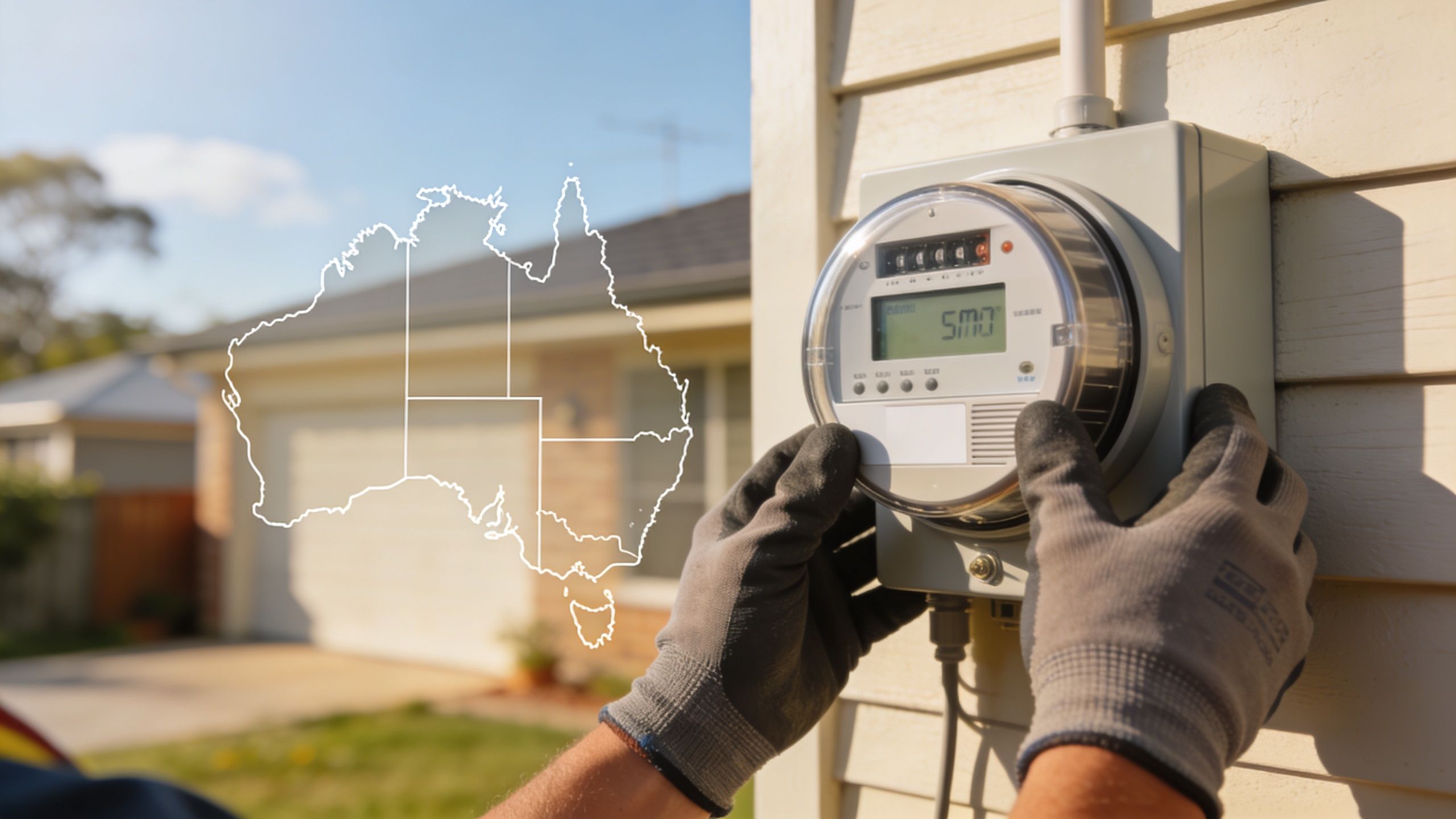 A technician wearing safety gloves installs a smart electricity meter on the side of a residential house.