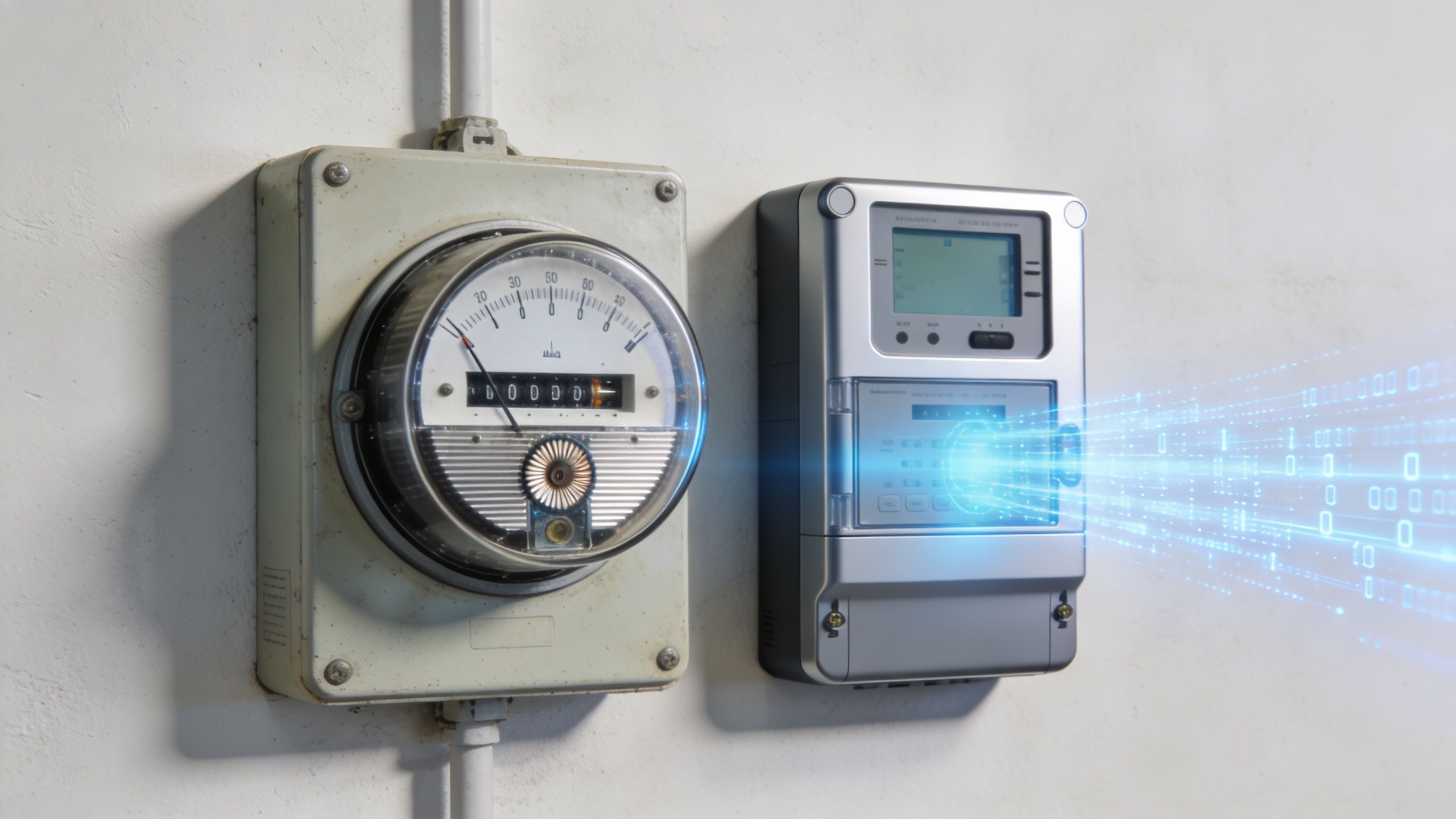 A modern digital smart meter next to an old analog electricity meter on a white wall.