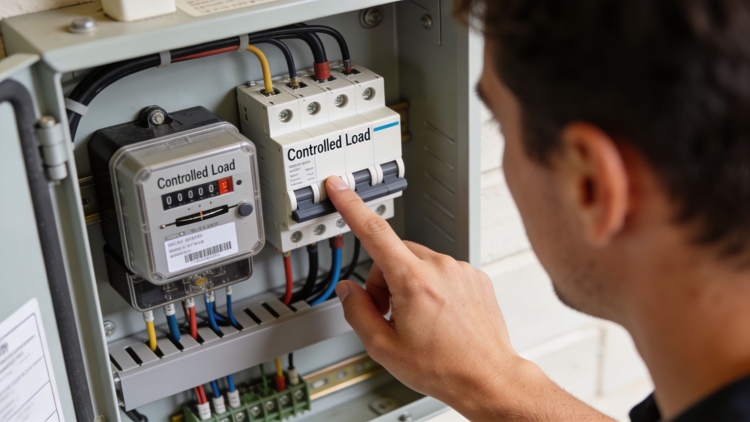 A technician testing a electrical circuit breaker labeled as controlled load in a utility control panel box.