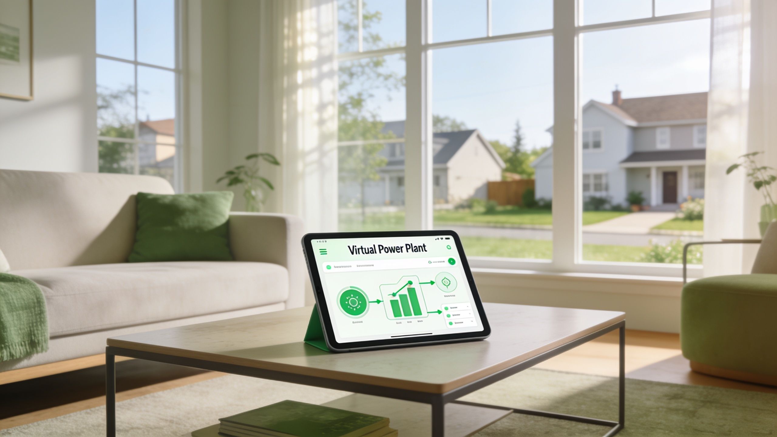 A tablet on a coffee table displays a Virtual Power Plant interface in a sunlit living room.
