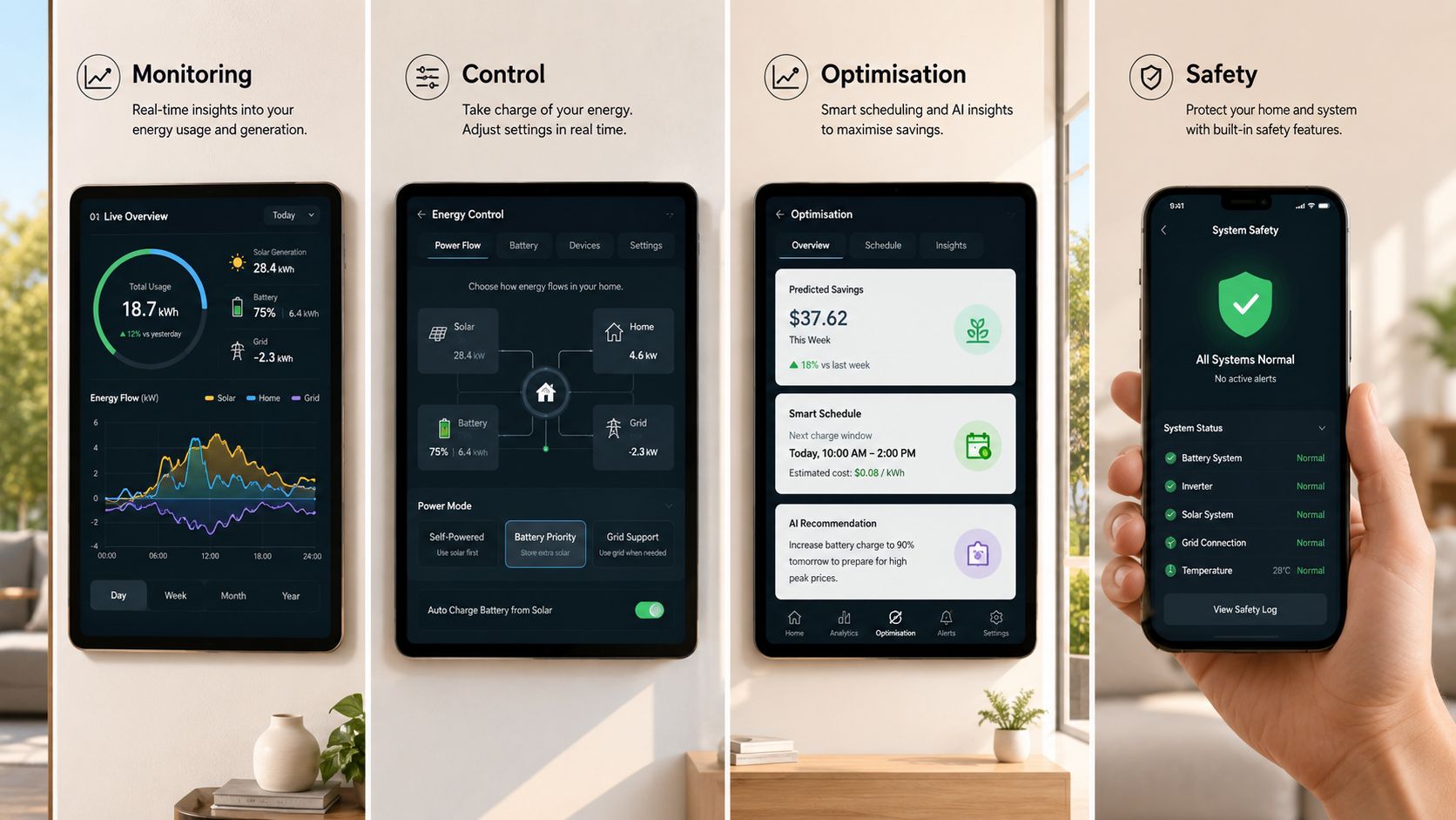 A digital interface showcasing a battery energy management system with monitoring, control, optimization, and safety features displayed.