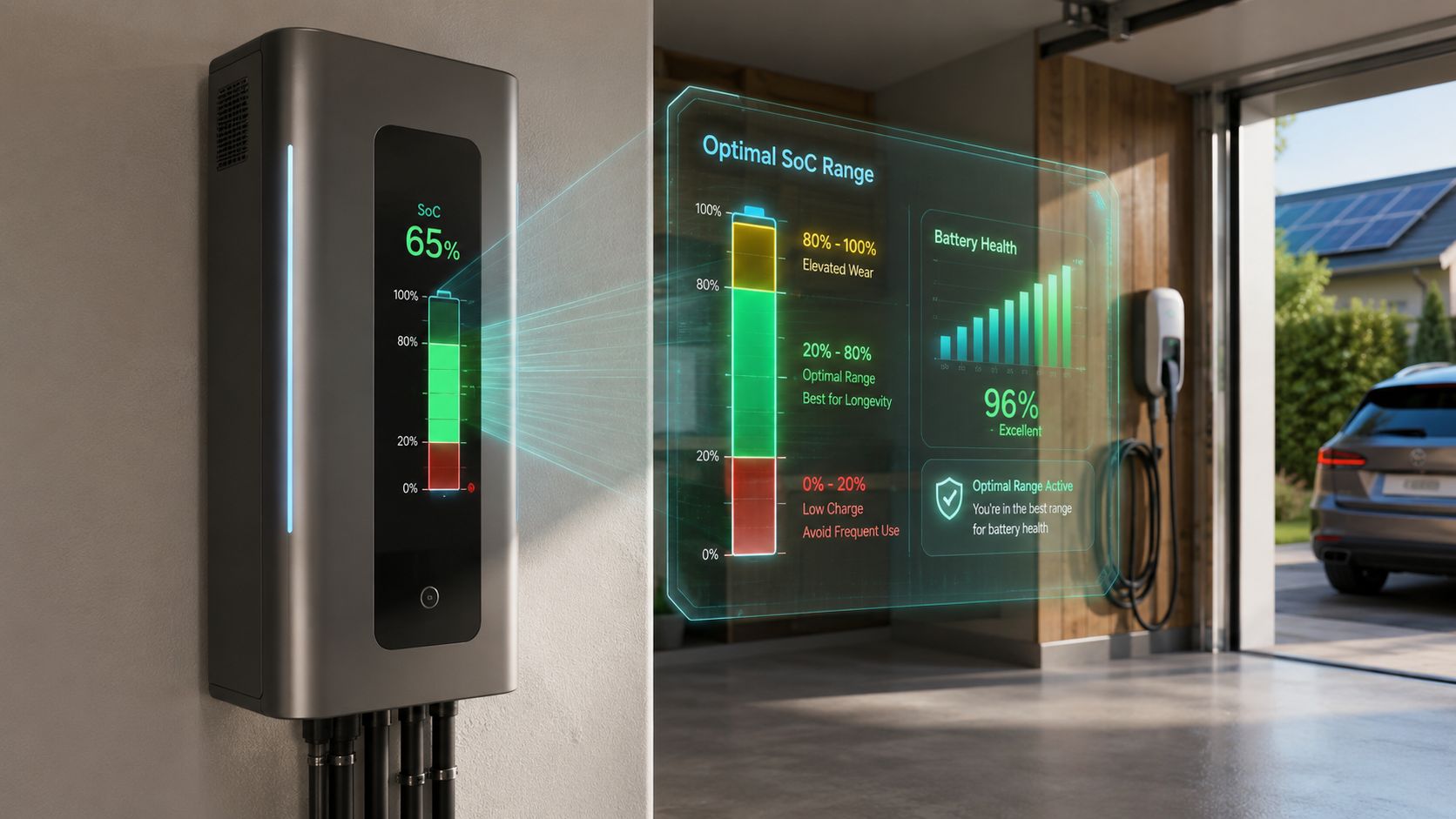 A wall-mounted smart battery charger displaying state of charge and battery health analytics on a digital interface.