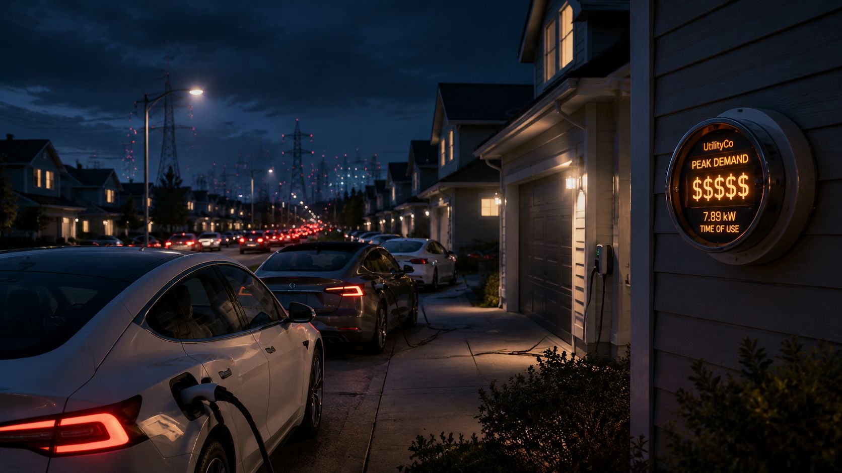 Electric cars charging at home during peak energy demand time under a night sky in suburbia.