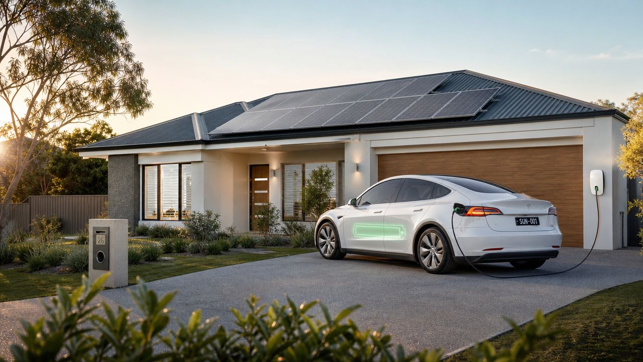 A modern electric white car parked in a home driveway, connected to a wall charging station.