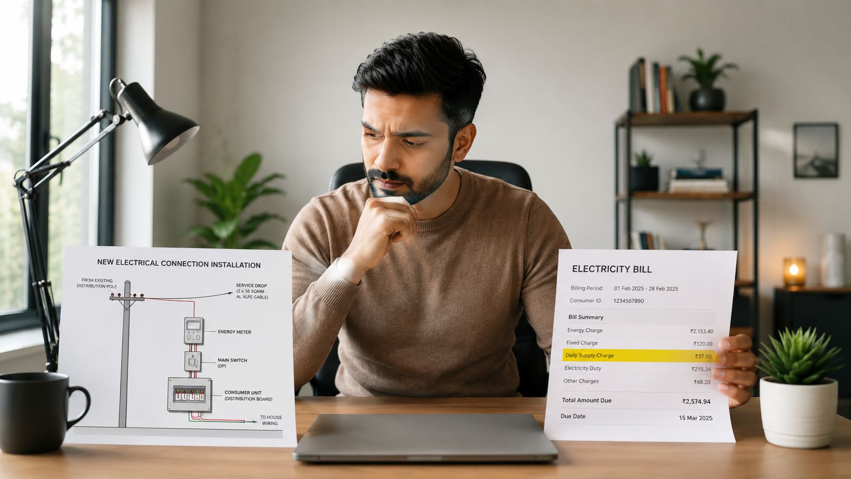 A man in a brown sweater looks thoughtfully at documents about electrical installation and electricity billing.
