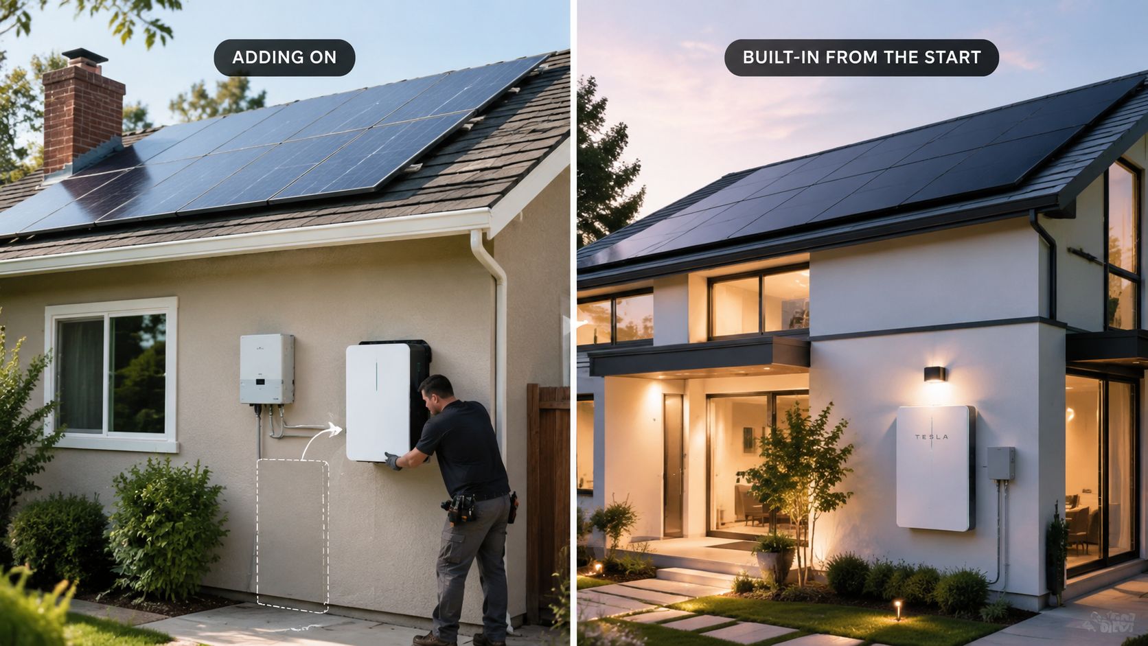 A split image showing a retrofit solar and battery installation versus a built-in solar and battery system.
