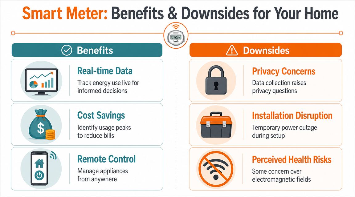 An infographic comparing the benefits and downsides of installing a smart meter in a residential home.