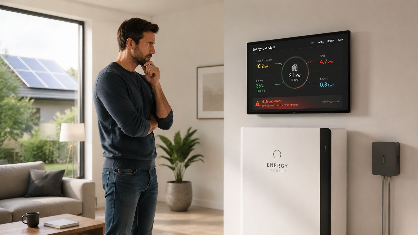 A man observing an energy monitoring screen in his home, showing solar production and electricity usage statistics.