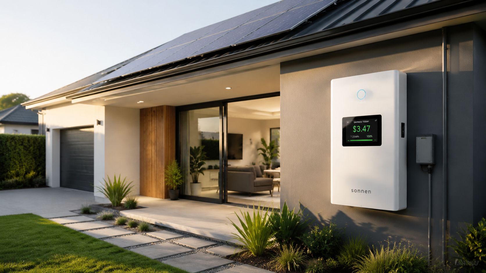 A modern suburban home with rooftop solar panels and a wall-mounted Sonnen energy storage battery system.