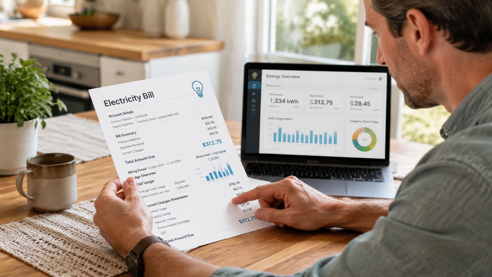 A man reviewing his household energy bill and comparing it with a digital energy usage dashboard.