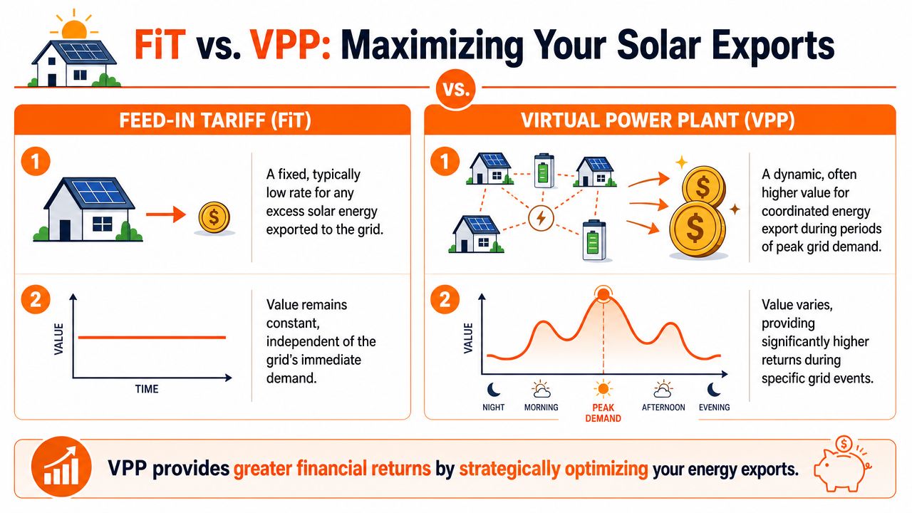 An infographic comparing Feed-in Tariffs and Virtual Power Plants to illustrate strategies for maximizing solar energy financial returns.