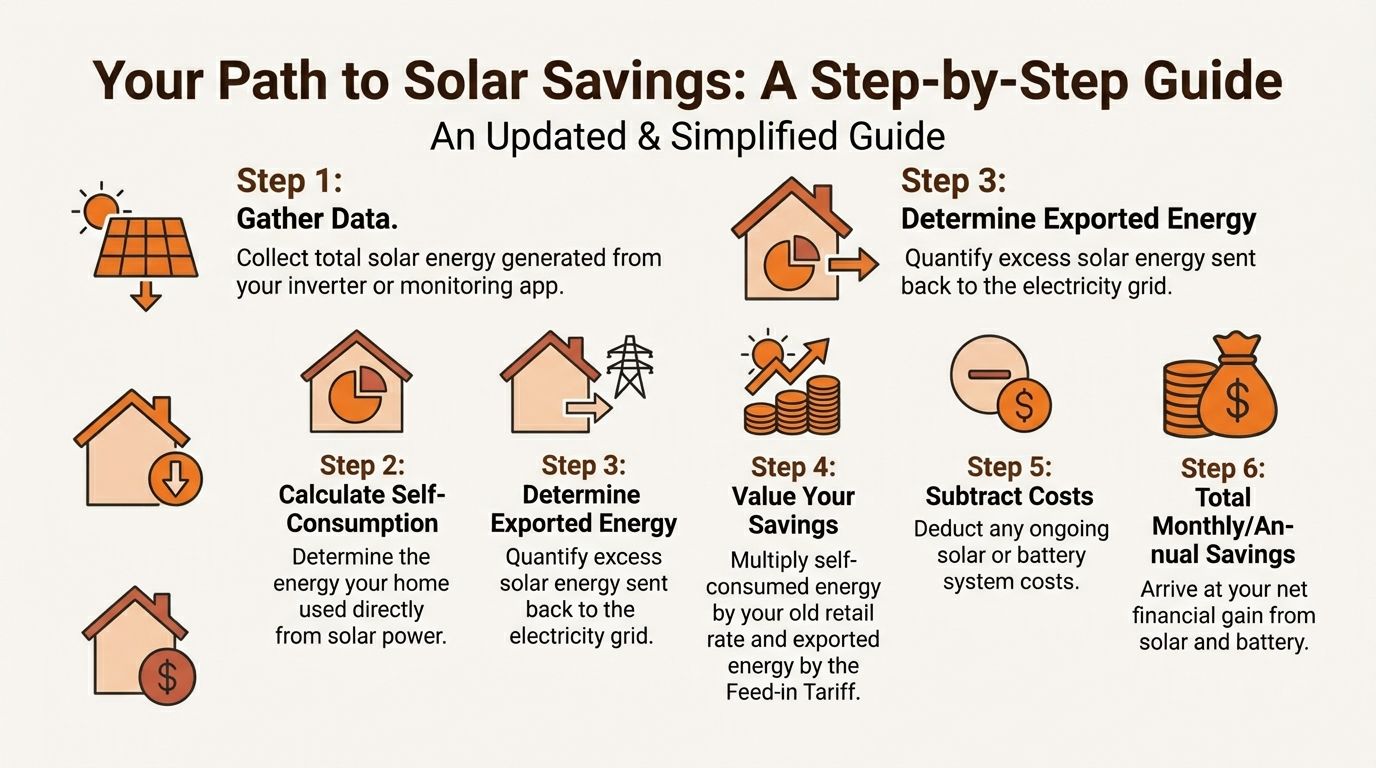A six-step infographic guide explaining how to calculate financial savings from residential solar energy systems.