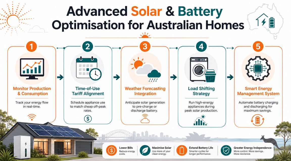 A step-by-step infographic showing five ways to optimize solar energy and battery usage in Australian homes.