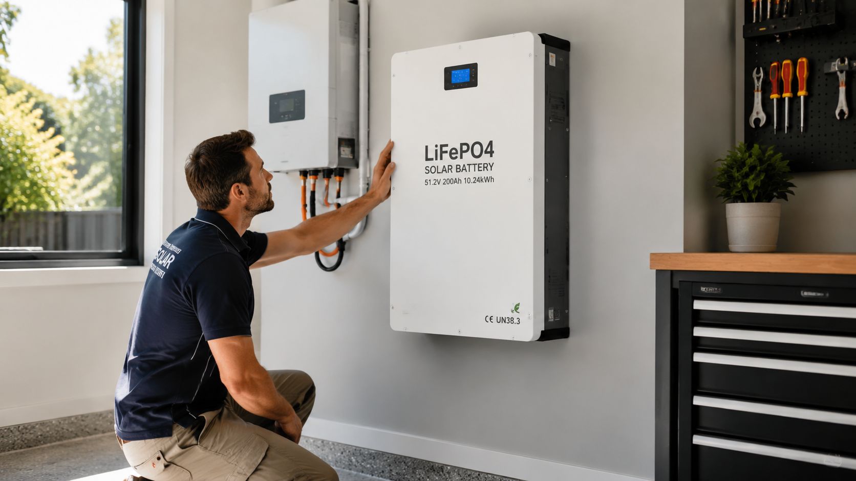 A technician inspecting a wall-mounted LiFePO4 solar battery unit inside a modern garage setting.
