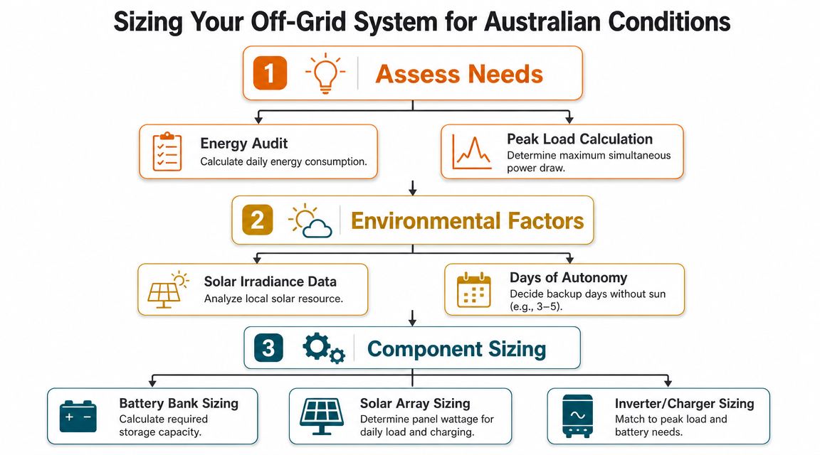 A flowchart showing the three main steps to size an off-grid solar system for Australian conditions.