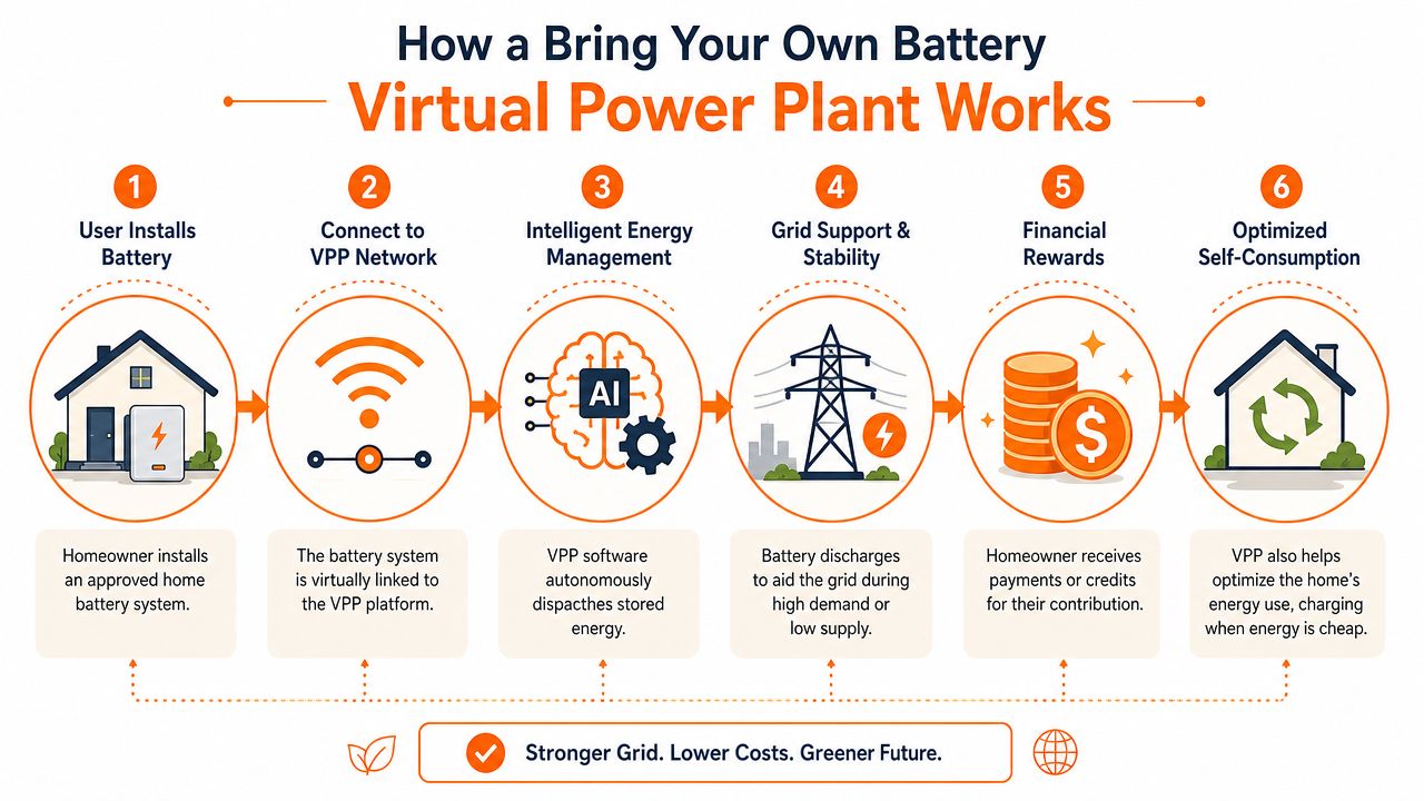 A six-step diagram explaining how a virtual power plant works using home battery systems for energy management.