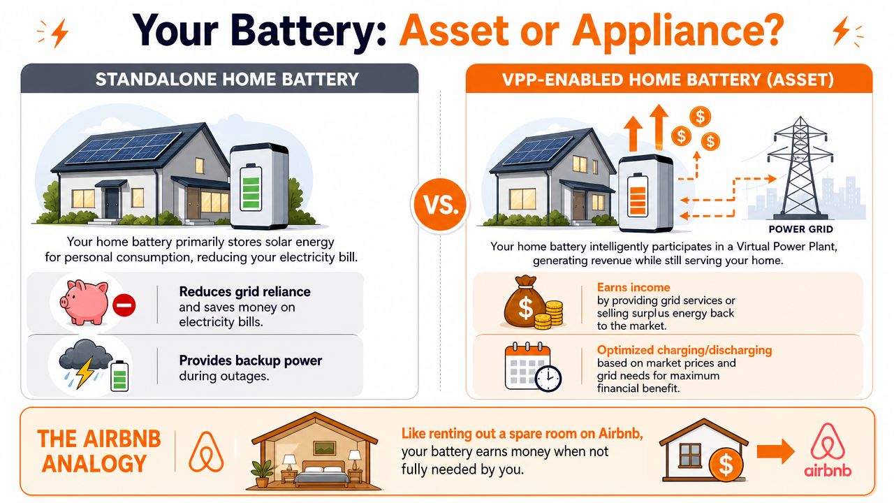 An infographic comparing a standard home battery to a VPP-enabled asset that earns income by sharing energy.