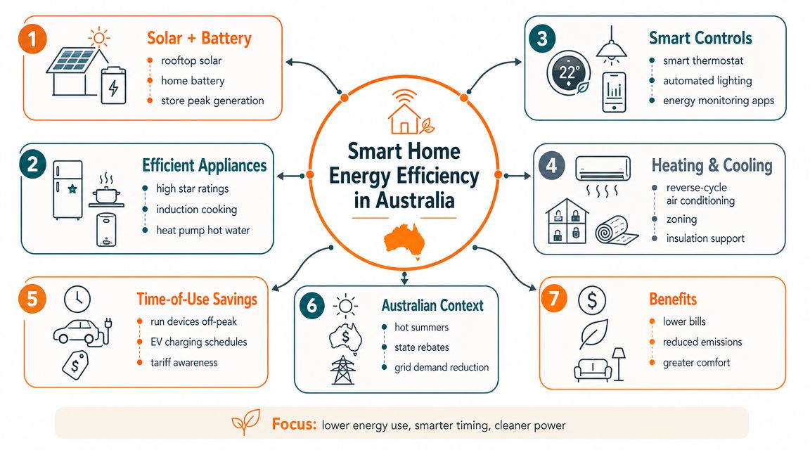 A diagram outlining seven key components for achieving smart home energy efficiency within the Australian context.